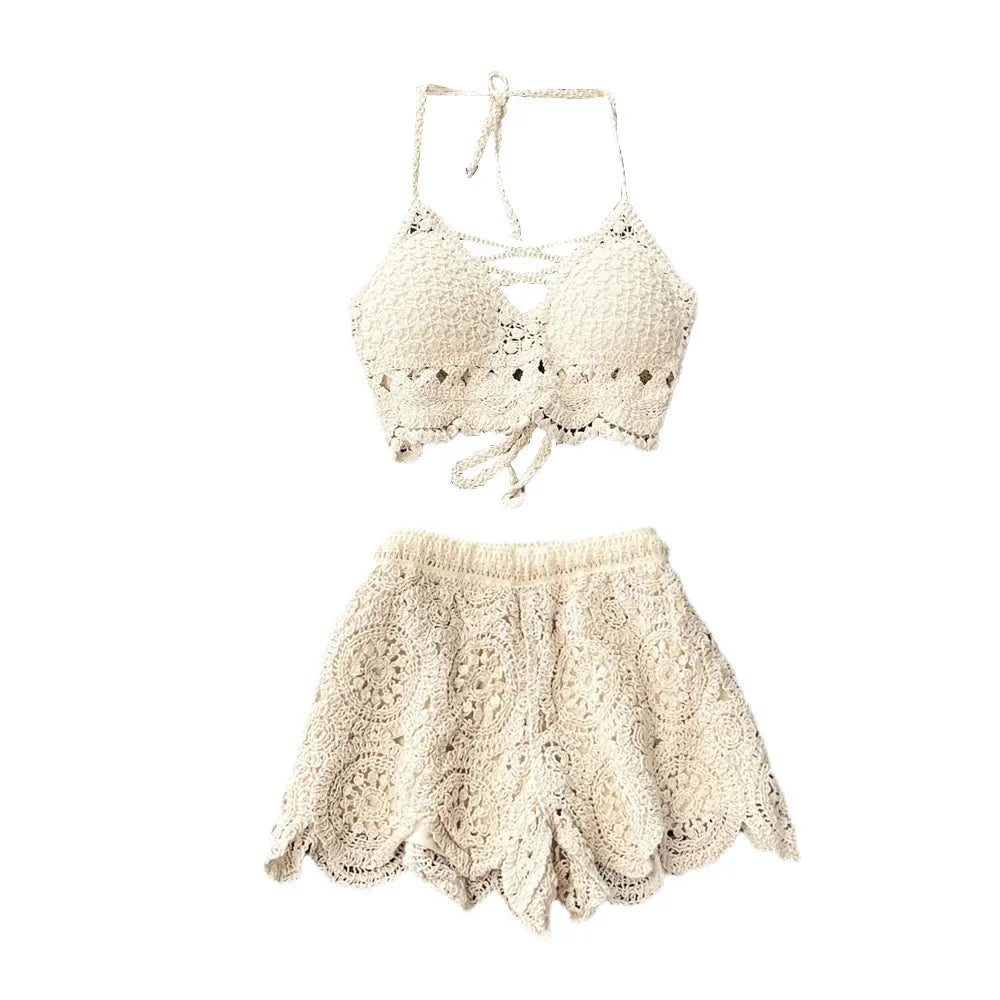Crochet Two-Piece Set – Boho Halter Top & Shorts Co-ord (Cream / White) Crochet Two-Piece Set – Boho Halter Top & Shorts Co-ord (Cream / White) Beachwear