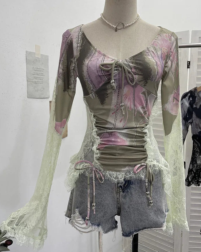 Pastel Mesh Lace-Up Corset Top – Fairy Grunge Long Sleeve Crop (Pink, Lilac, Mint, Black)