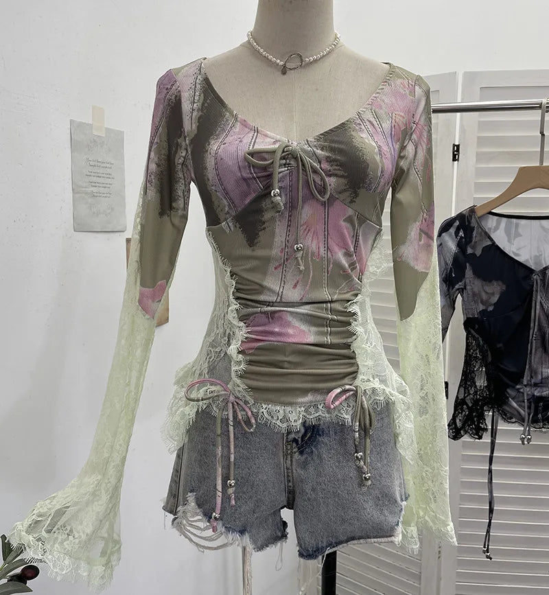 Pastel Mesh Lace-Up Corset Top – Fairy Grunge Long Sleeve Crop (Pink, Lilac, Mint, Black)