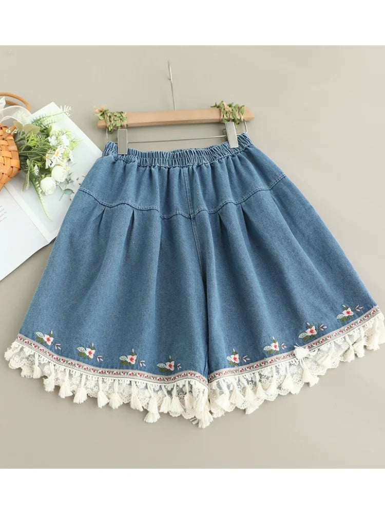 Embroidered Denim Fringe Shorts – Boho Lace Hem (Light Blue / Dark Blue) Light Blue One Size Embroidered Denim Fringe Shorts – Boho Lace Hem (Light Blue / Dark Blue) Shorts