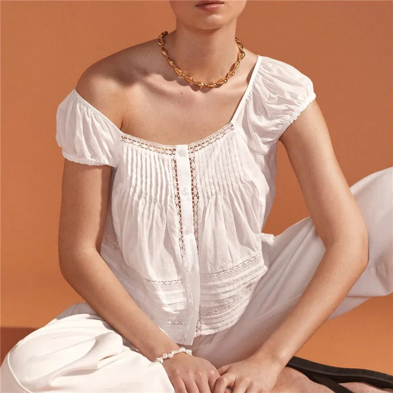 Gypsy Lace Puff Top - Sky Blue and Ivory/White Gypsy Lace Puff Top - Sky Blue and Ivory/White Blouse