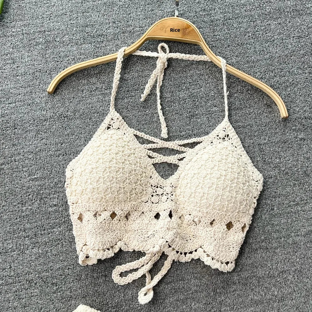 Crochet Two-Piece Set – Boho Halter Top & Shorts Co-ord (Cream / White) Crochet Two-Piece Set – Boho Halter Top & Shorts Co-ord (Cream / White) Beachwear