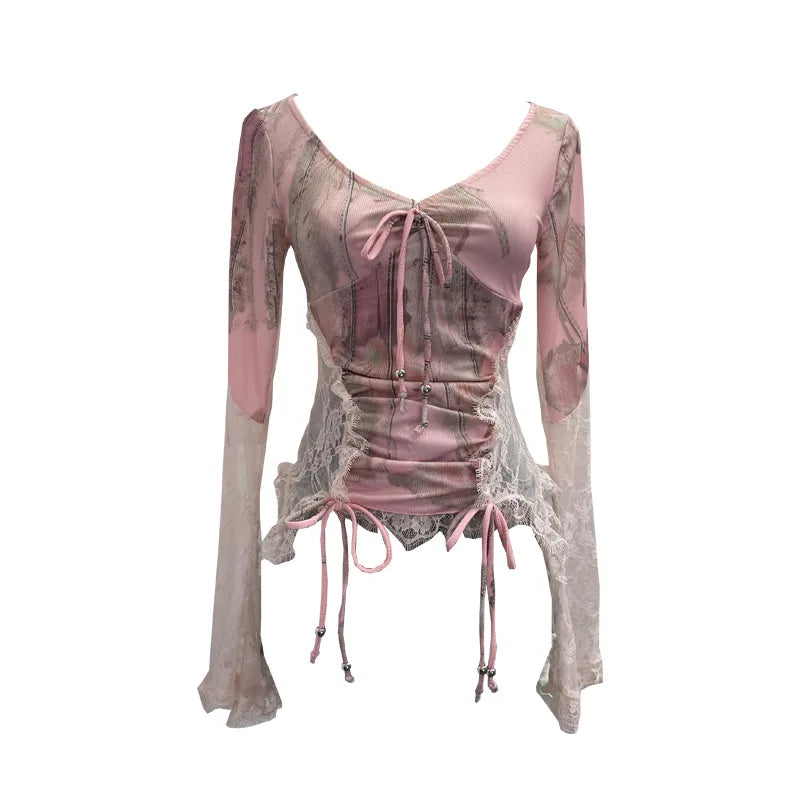 Pastel Mesh Lace-Up Corset Top – Fairy Grunge Long Sleeve Crop (Pink, Lilac, Mint, Black)