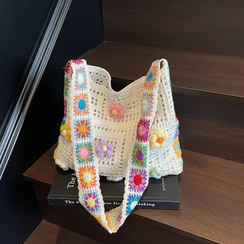 Rainbow Bloom Granny Square Crochet Tote – 6 Boho Colours (The Bag Everyone Photographs)