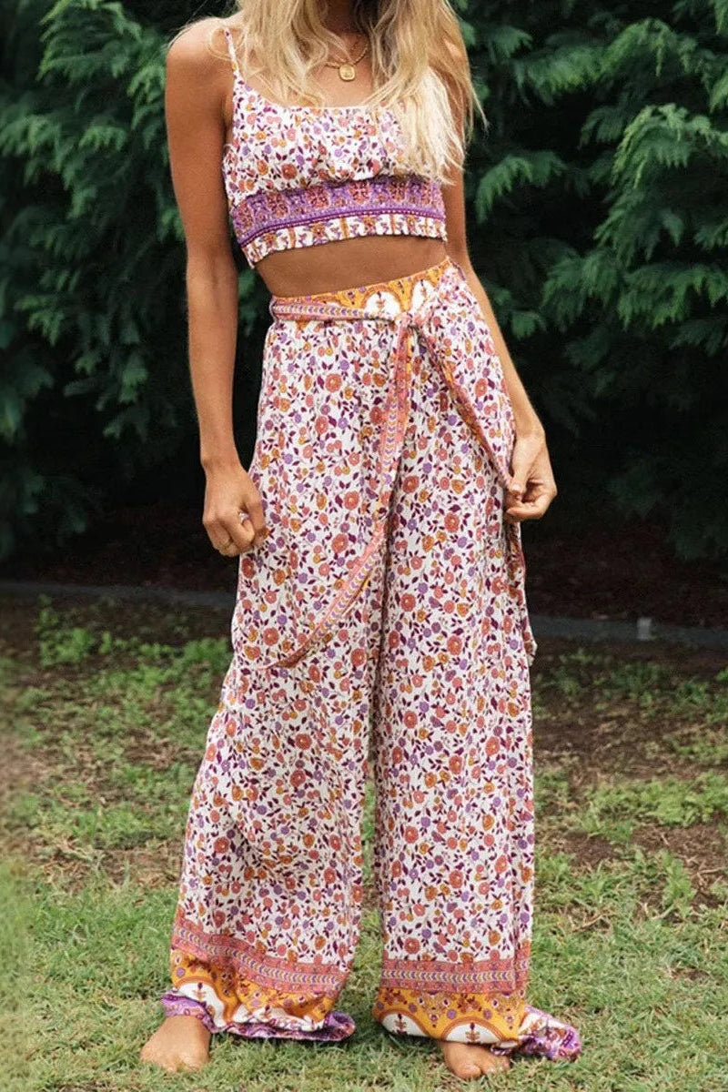 Boho Floral Co-ord Set – Tie-Front Crop Top + Wide-Leg Palazzo Pants (Lilac Floral)