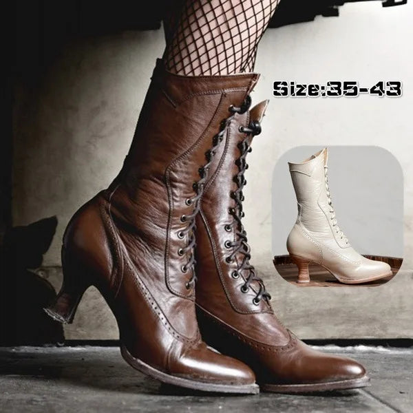 Victorian Lace-Up Ankle Boots – Boho Punk Heeled Combat Boots (Brown / Cream)
