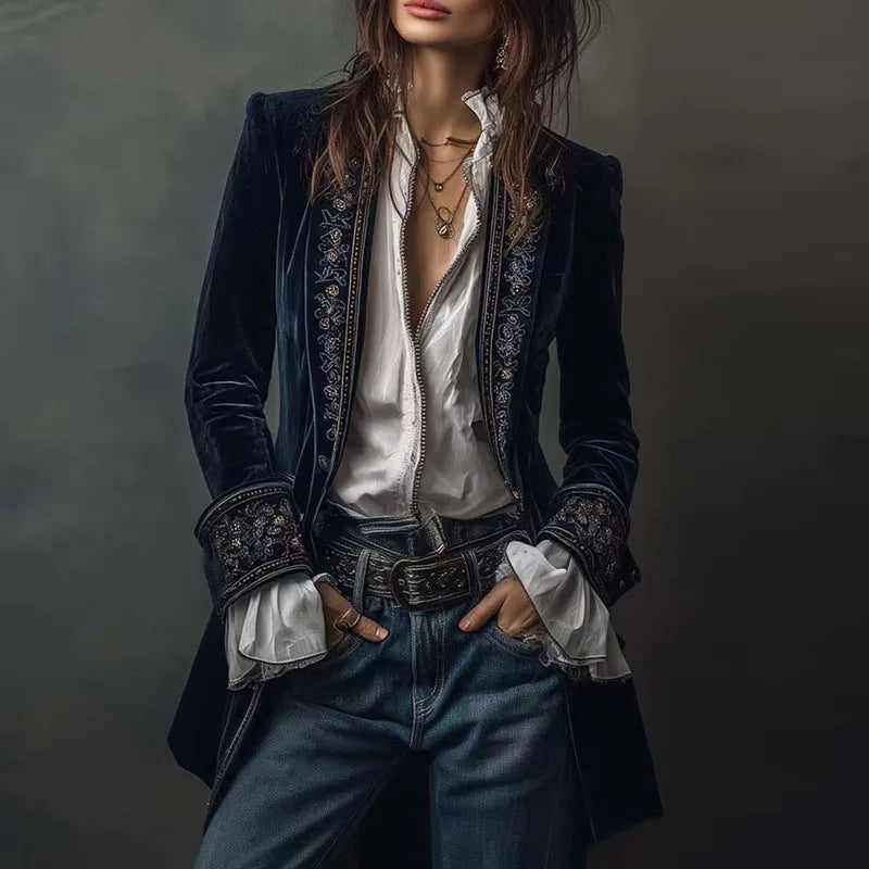 Vintage Ethnic Floral Print Velvet Women's Coat Fall Chic Stand Collar Slim Jacket Cardigan Winter Long Sleeve Female Outerwears