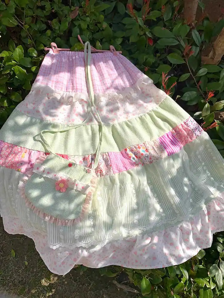 Strawberry Mint Patchwork Fairy Skirt – Cottagecore Boho Dream Tiered Maxi
