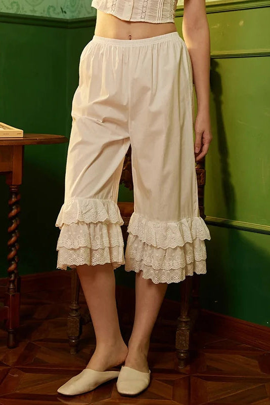 Ivory Lace Ruffle Culottes – Victorian Cottagecore Bloomers Pants