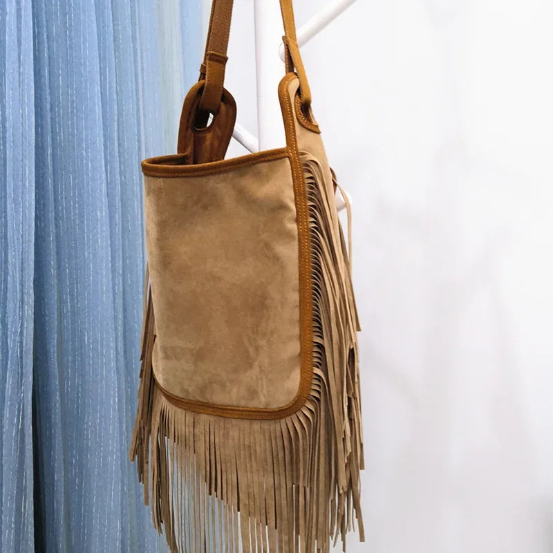Women Fashion Leather Fringes Hobo Shoulder Bag 2025 Female Casual Suede Big Capacity Tassel Gypsy Hippie Boho Ibiza Slouchy Bag