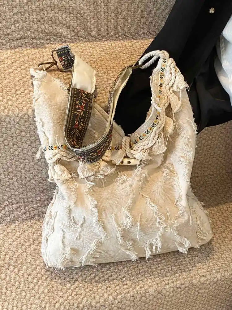 Distressed Fringe Canvas Bag – Boho Embroidered Strap Tote Distressed Fringe Canvas Bag – Boho Embroidered Strap Tote Bags