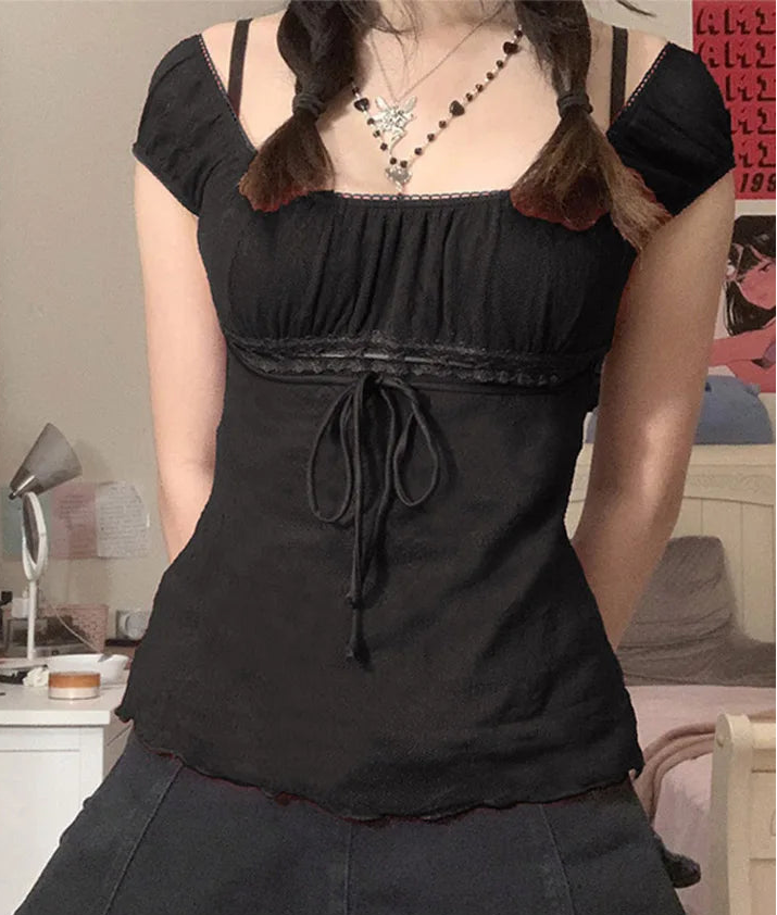 Romantic Off-Shoulder Ruched Lace Trim Top with Tie Bow – Gypsy Boho Essential (Red, White, Black)