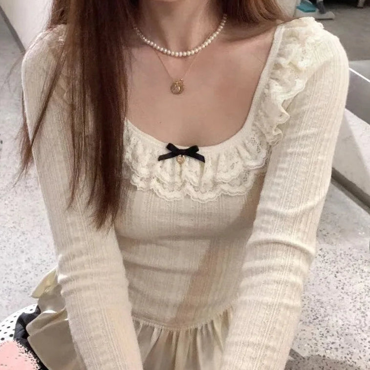 Cream Lace Ribbon Long Sleeve Top – Coquette Cottagecore Knit