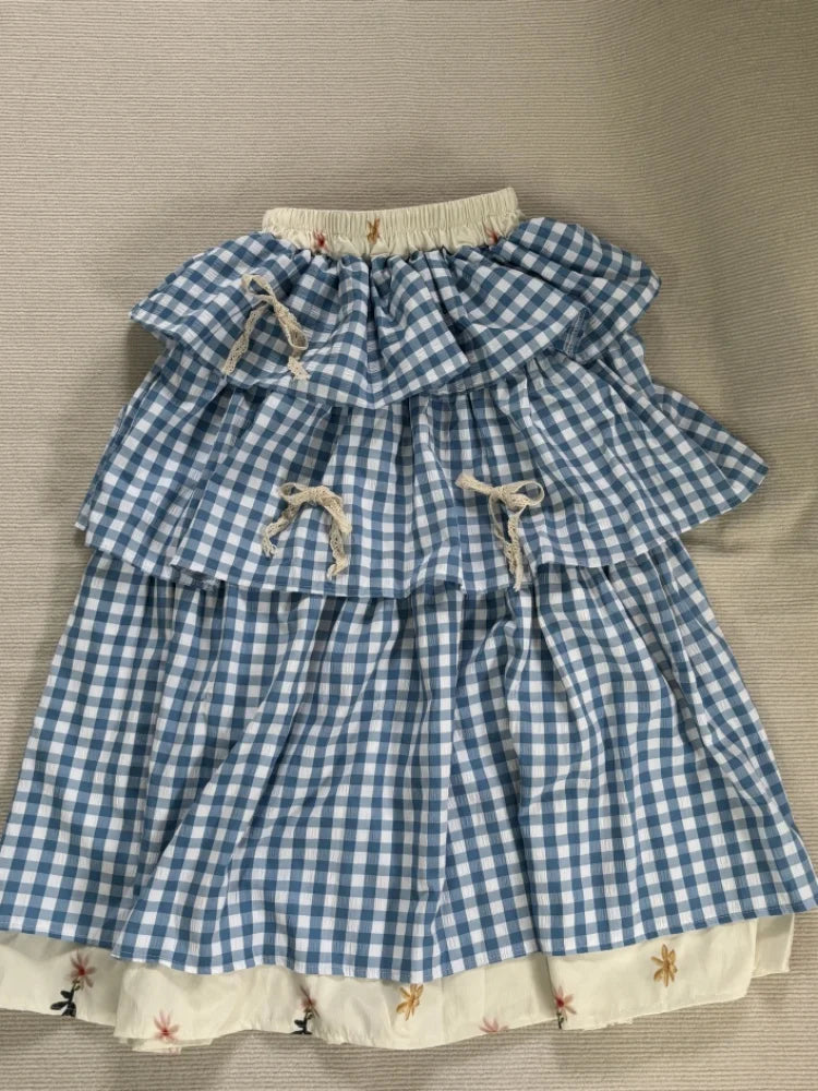 Sky Blue Gingham Tiered Prairie Skirt – Cottagecore Milkmaid Dream