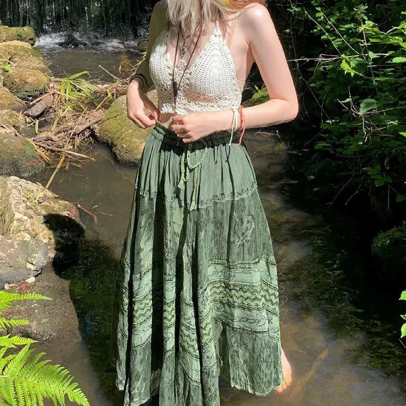Enchanted Forest Gypsy Goddess Skirt – Olive Green Boho Dream