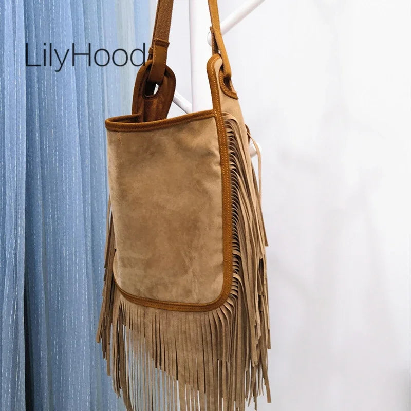 Women Fashion Leather Fringes Hobo Shoulder Bag 2025 Female Casual Suede Big Capacity Tassel Gypsy Hippie Boho Ibiza Slouchy Bag
