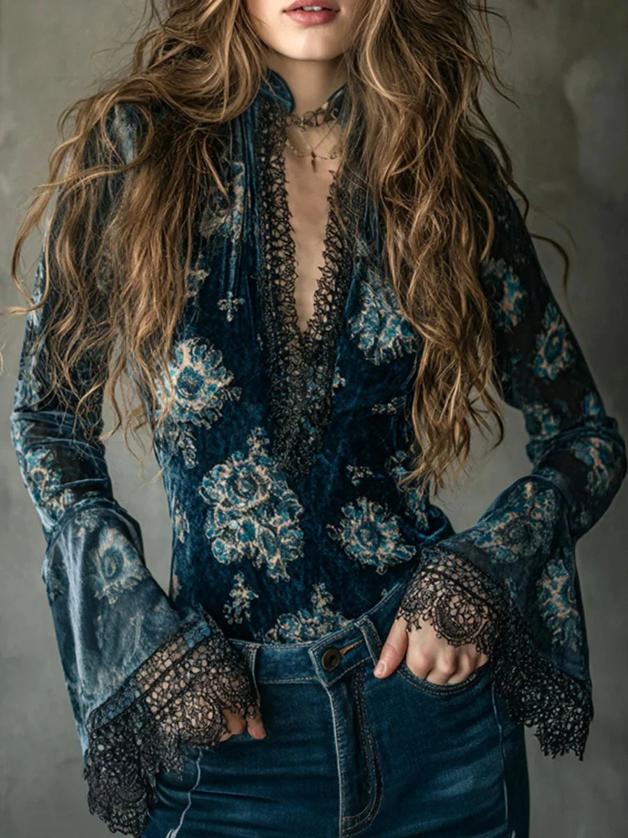 Midnight Rose Velvet Gypsy Blouse – Boho Floral Bell-Sleeve Dream Top
