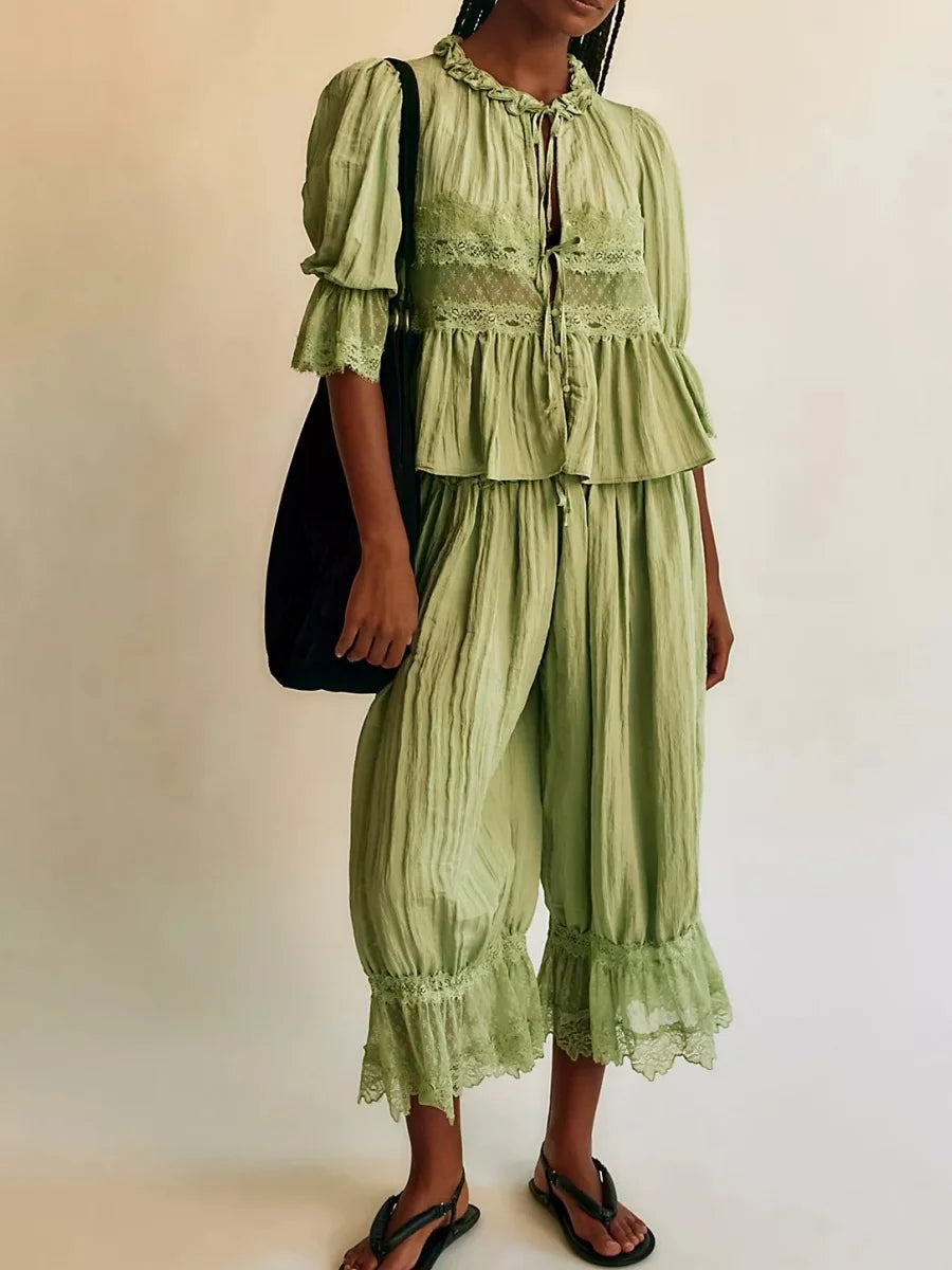 Vintage Lace Bloomer Pants Sets Romantic Lace Boho Co-ord Set – Puff Sleeve Blouse + Wide-Leg Pants (Mocha / Peach / Sage/ Ivory)