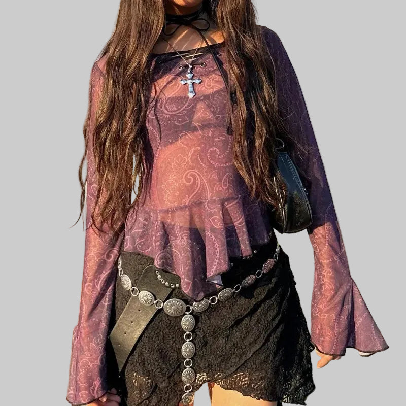 Purple Paisley Mesh Lace-Up Long Sleeve Top – Dark Boho Gothic Fairy Top