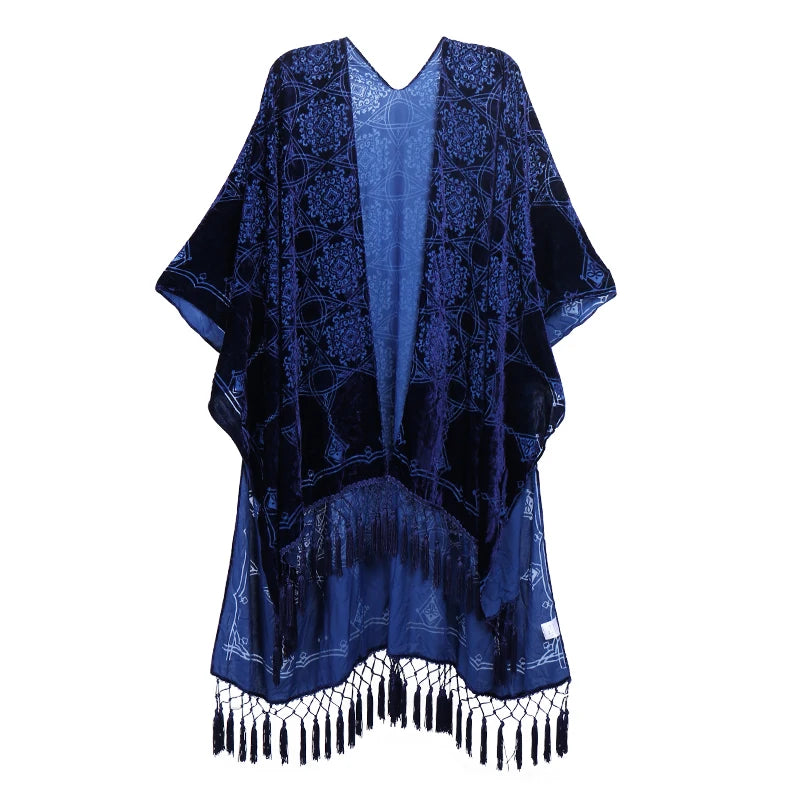WeHello Bohemian burnt plush kimono Women's long Purple Tassel Beach Cover-up  Holiday Casual Cardigan Shawl JYPF-20
