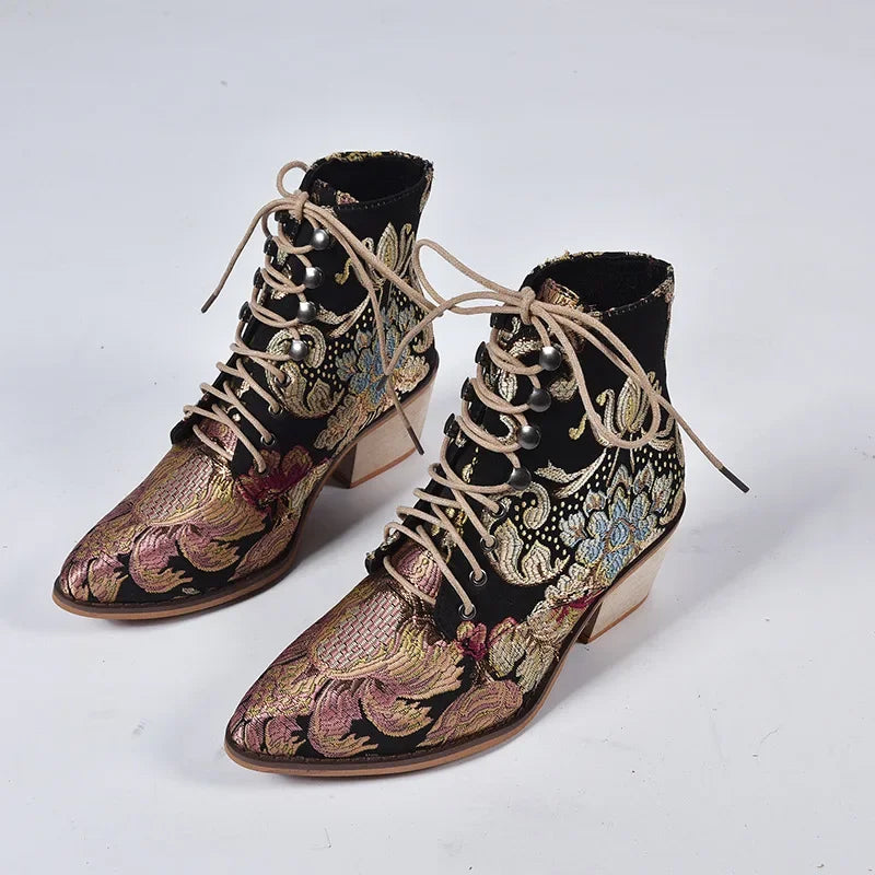 Embroidered Floral Ankle Boots – Boho Lace-Up Romance (Black / Red) Embroidered Floral Ankle Boots – Boho Lace-Up Romance (Black / Red) Boots