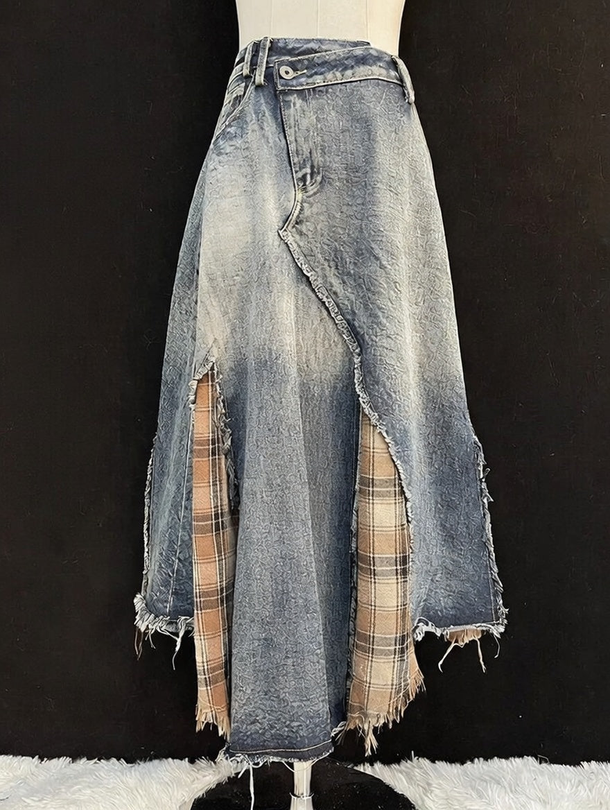 Y2K Patchwork Plaid Denim Maxi Skirt