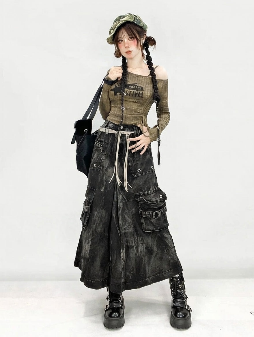 Y2K Grunge Cargo Maxi Skirt