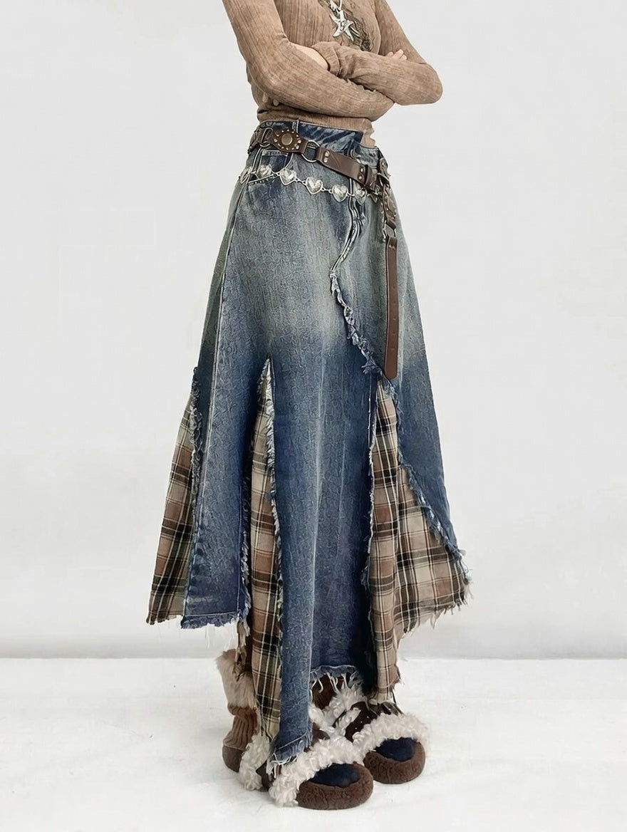 Y2K Patchwork Plaid Denim Maxi Skirt