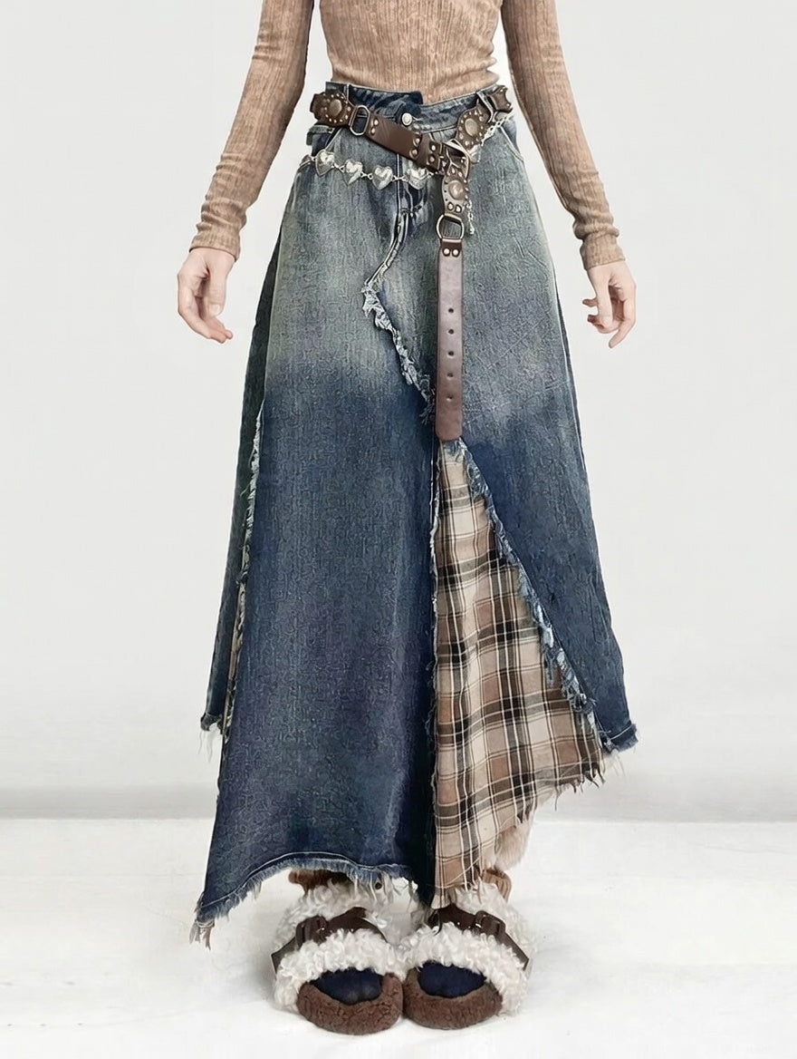 Y2K Patchwork Plaid Denim Maxi Skirt
